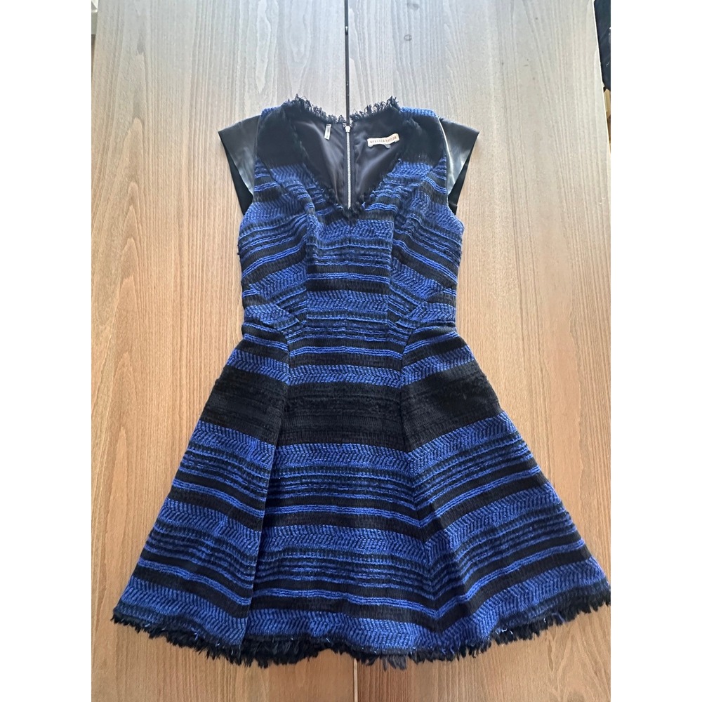 Rebecca Taylor Blue Black Tweed Faux Leather Trim Fit Flare Dress Size 2 - Picture 1 of 7